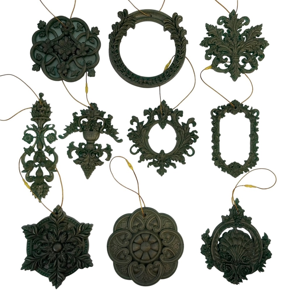 10pc Handmade Green Mica Baroque Architectural Salvage Style Christmas Ornaments